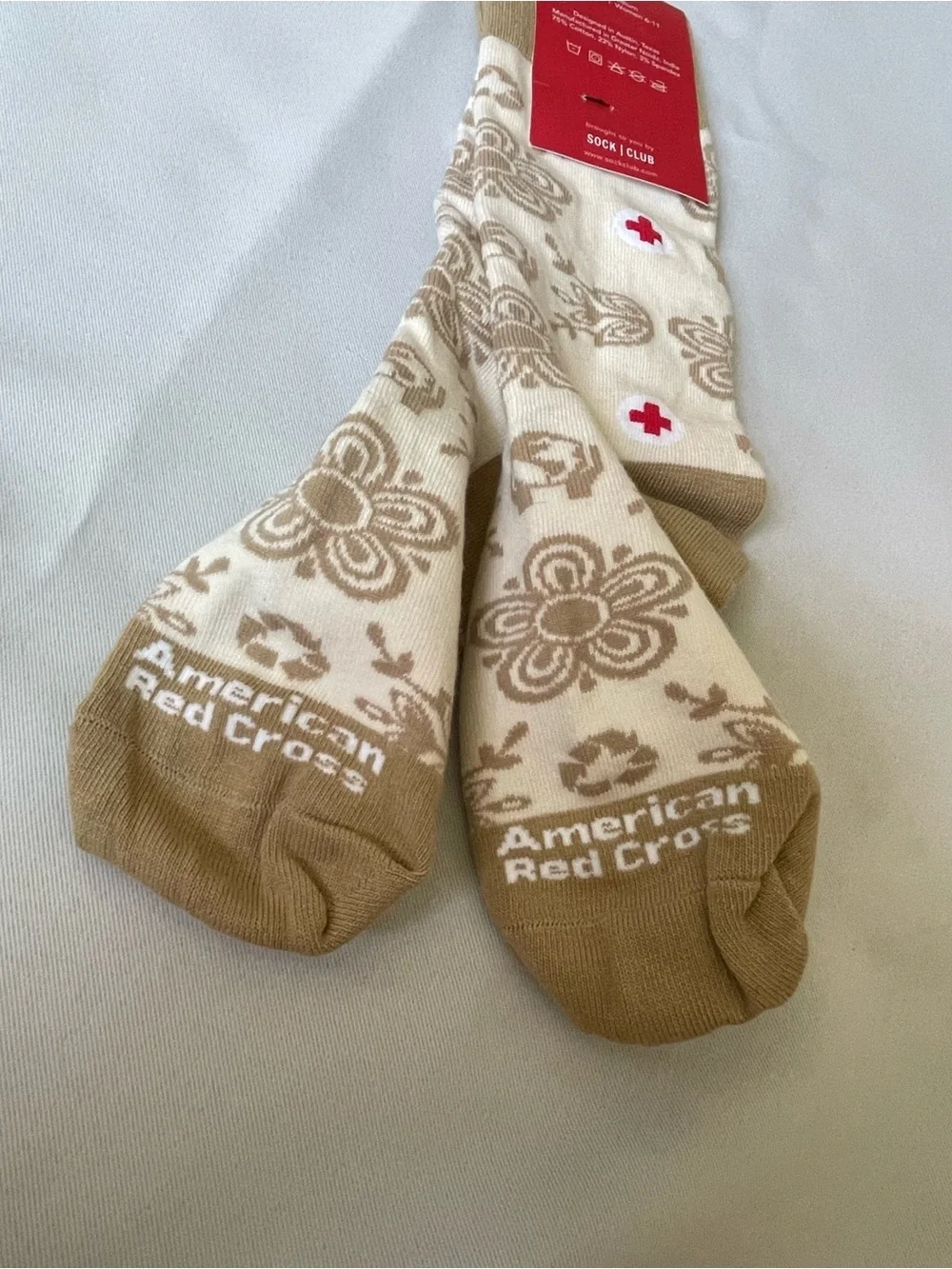 American Red Cross Spirit Week 2025 Crew Socks Floral Tan Cream Medium NWT